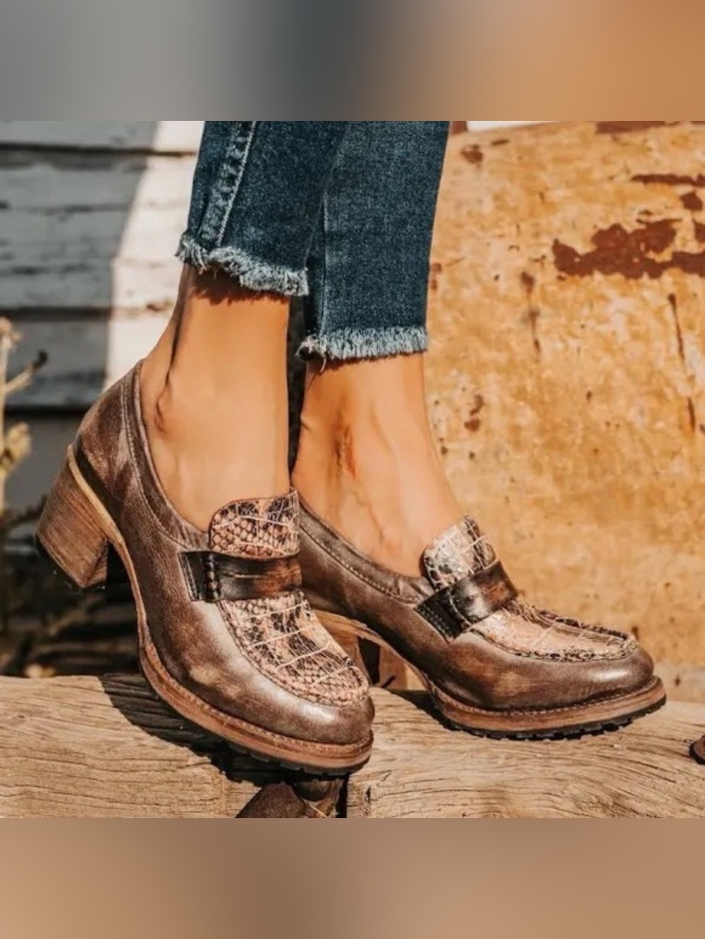 Freebird Bristol Brown Leather Heeled Loafers with Snake-Print Accent 6